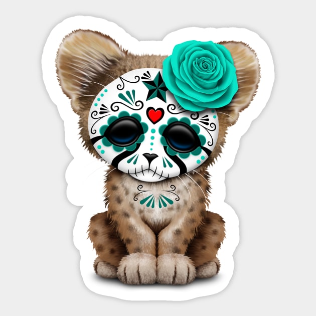 Blue Day of the Dead Sugar Skull Cheetah Cub Sticker by jeffbartels